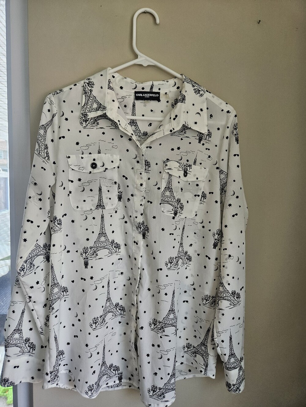 Karl Lagerfeld White Shirt with Black Eiffel Tower Print Medium